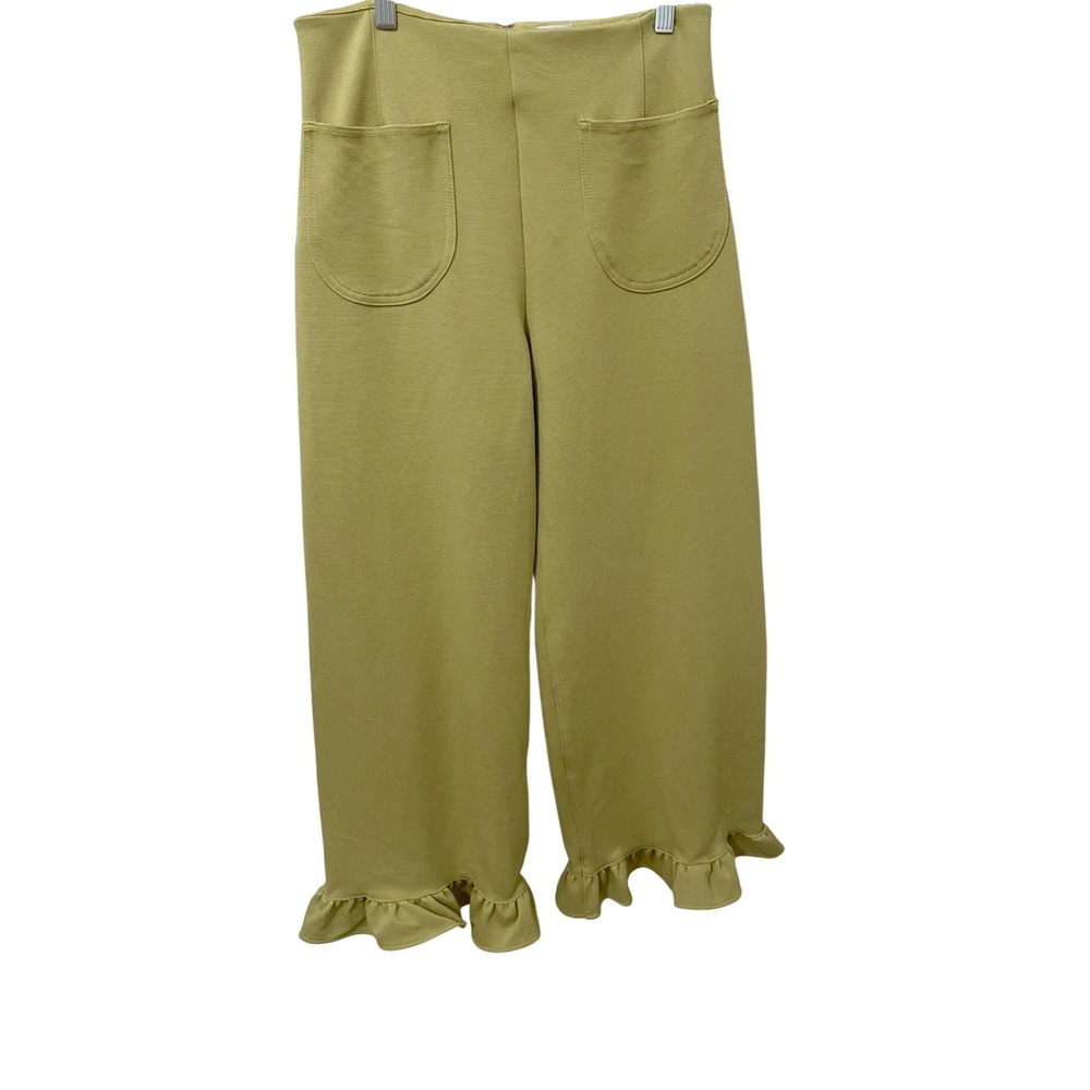 Maeve Anthropologie The Colette Ruffle Hem Wide Leg Crop Pant Pea Green Size 30